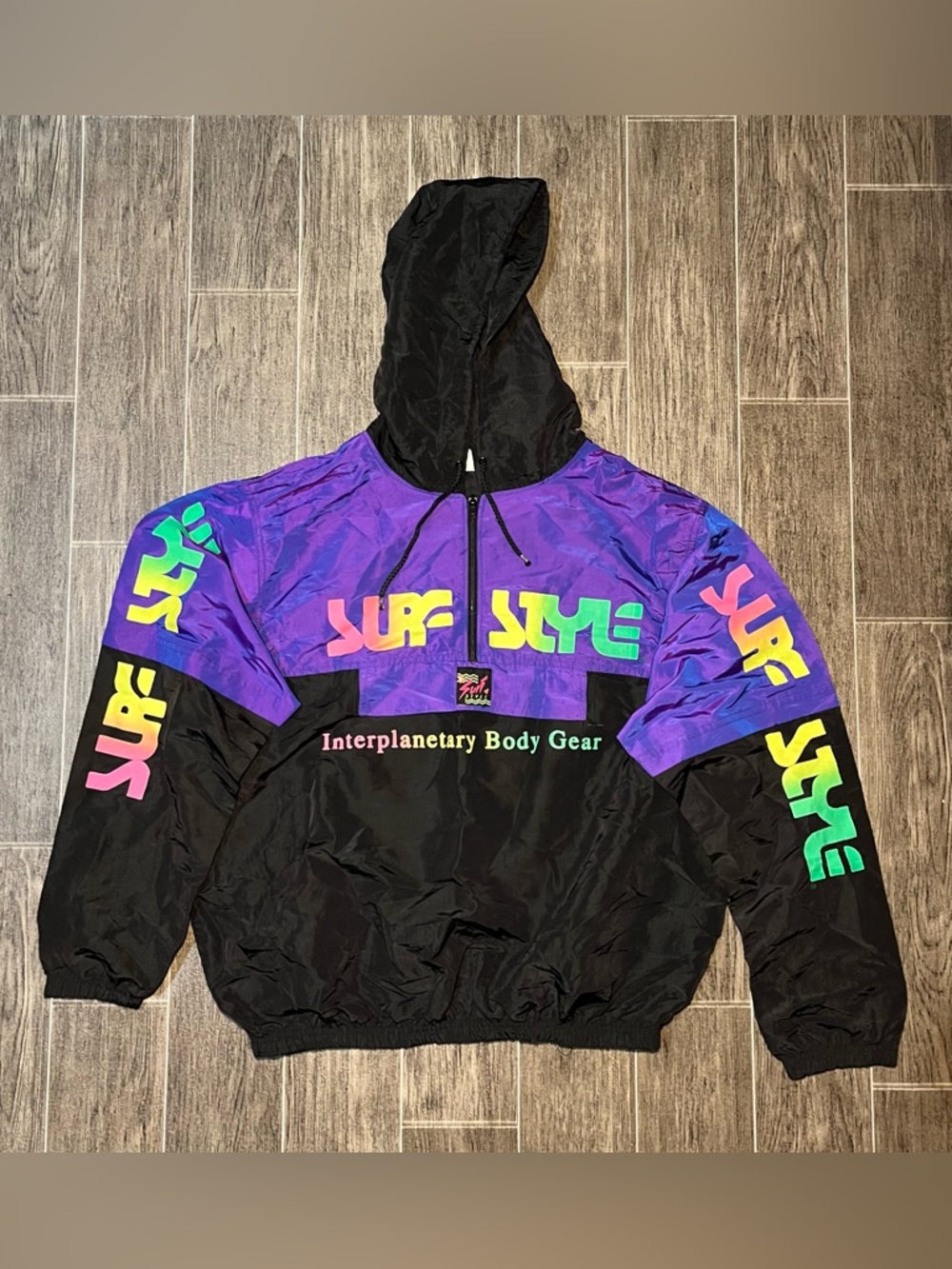 VTG Surf Style Interplanetary Body Gear Iridescent Windbreaker Jacket Hooded OS